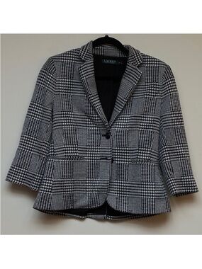 Lauren Ralph Lauren Houndstooth Plaid Print Button Up Down Blazer Size 8P